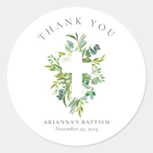 Watercolor Greenery Floral Cross Baptism Classic Round Sticker