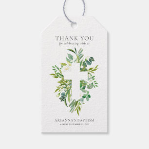 Watercolor Greenery Floral Cross Baptism Gift Tags