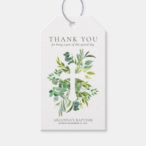 Watercolor Greenery Floral Cross Baptism Gift Tags