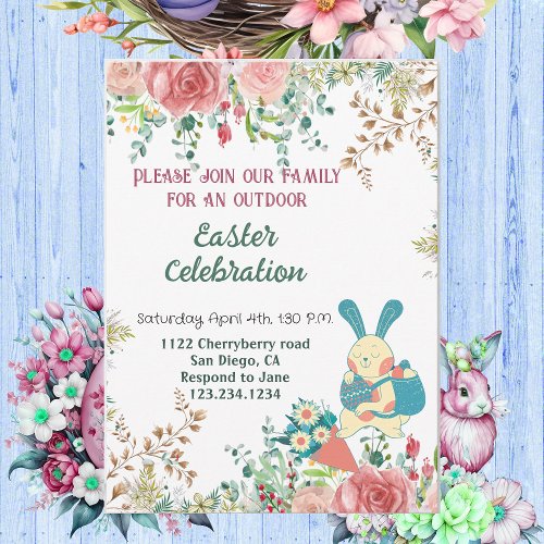 Watercolor Greenery Floral Easter Bunny Eggs Cute Invitation