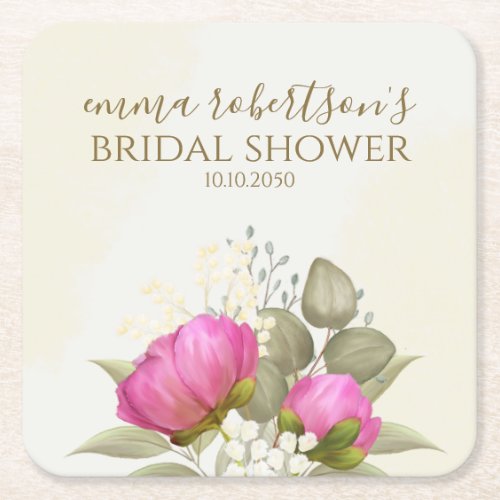 Watercolor Greenery Floral Elegant Bridal Shower  Square Paper Coaster