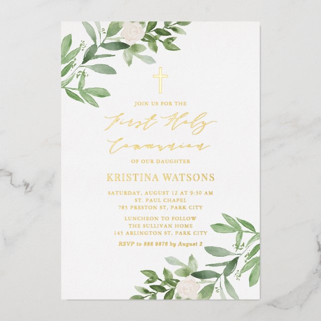 Watercolor Greenery Floral First Holy Communion Foil Invitation (Front)