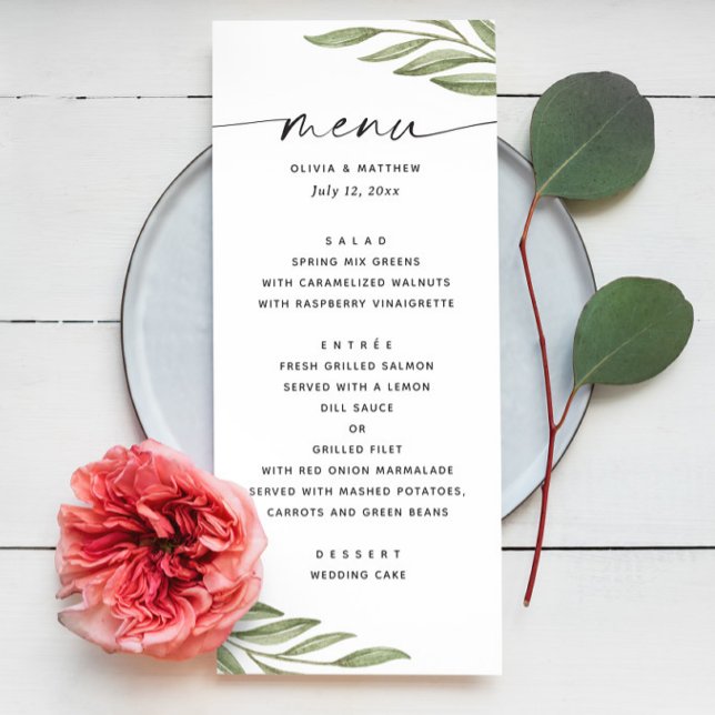 Watercolor greenery floral foliage script wedding menu (Creator Uploaded)