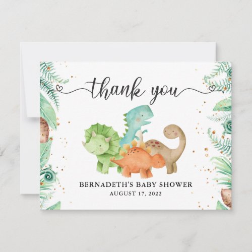 Watercolor Greenery Floral Gold Confetti Dinosaurs Thank You Card