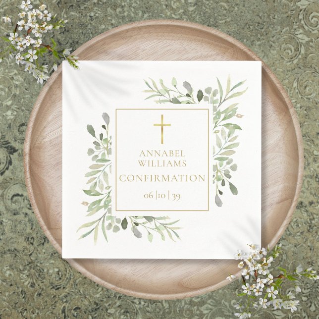 Watercolor Greenery Floral Gold Confirmation Napkins (Watercolor Greenery Floral Gold Confirmation Napkins)