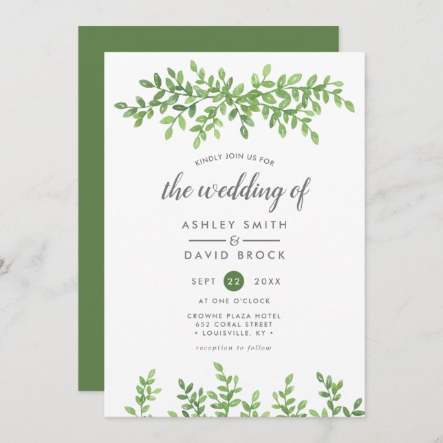 Watercolor Greenery Floral Leaves Modern Wedding Invitation (Front/Back)