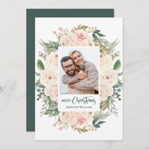 Watercolor Greenery Floral Photo Merry Christmas Holiday Card