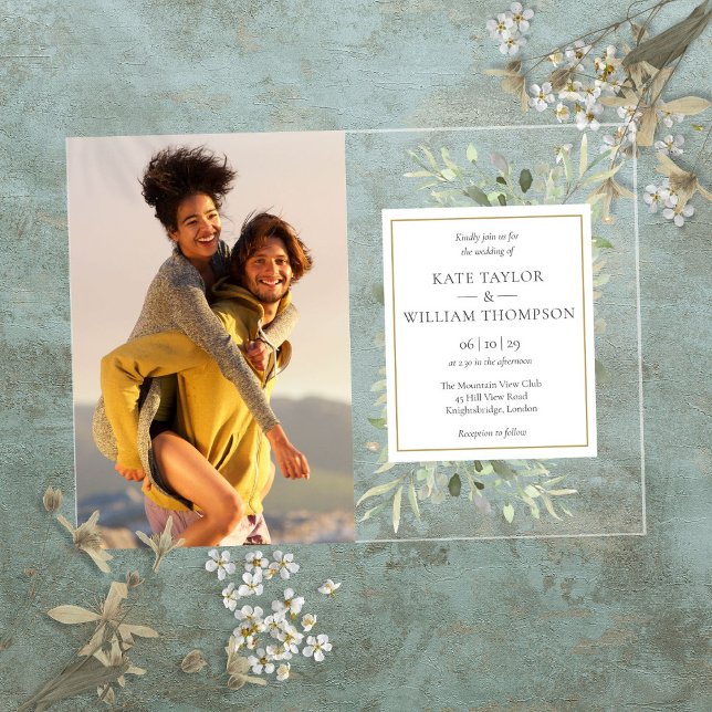 Watercolor Greenery Floral Photo Wedding Acrylic Invitations (Watercolor Greenery Floral Photo Wedding Acrylic Invitations)