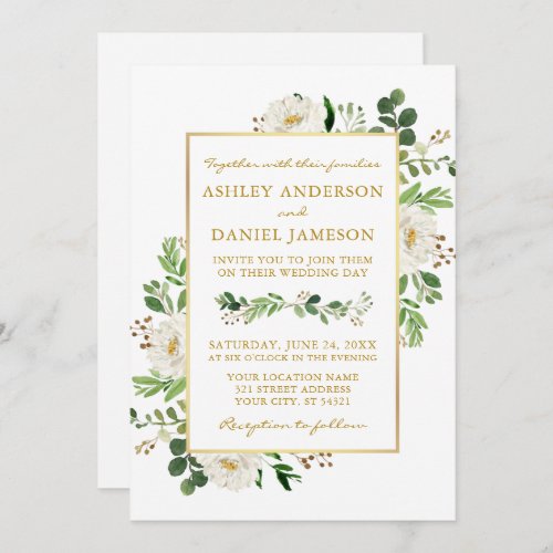 Watercolor Greenery Floral Photo Wedding Gold Invitation