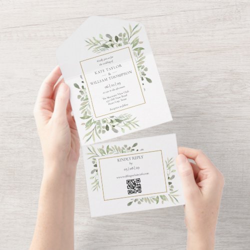 Watercolor Greenery Floral QR Code Wedding All In One Invitation