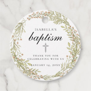 Watercolor Greenery Floral Wreath Baptism Favor Tags