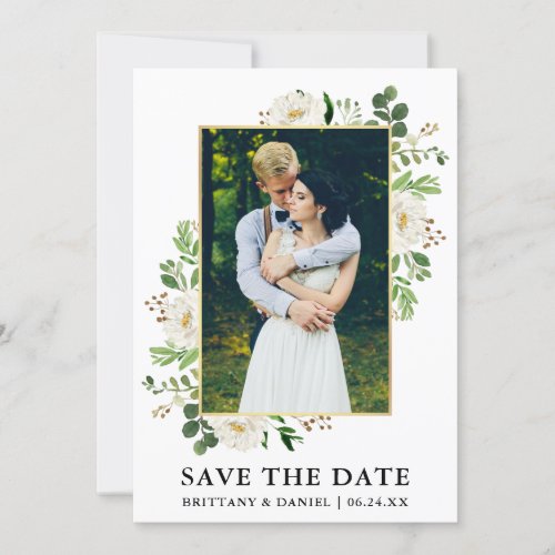 Watercolor Greenery Flowers Save The Date Card