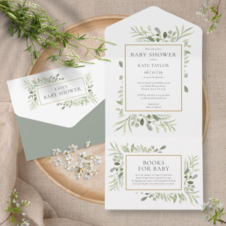 Watercolor Greenery Foliage Baby Shower All In One All In One Invitati