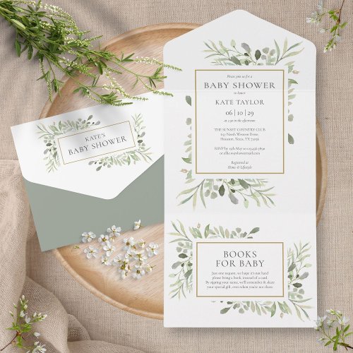 Watercolor Greenery Foliage Baby Shower All In One All In One Invitation