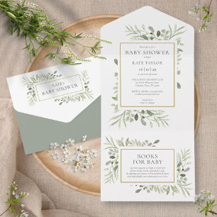 Watercolor Greenery Foliage Baby Shower All In One Invitation