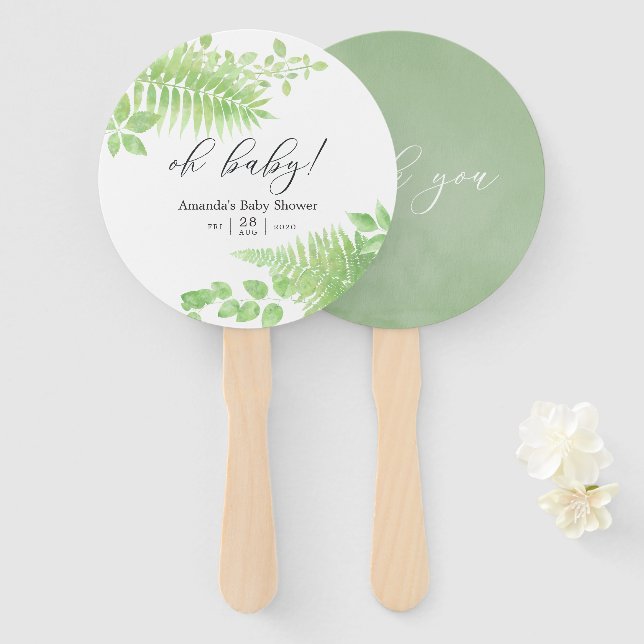 Watercolor Greenery Foliage Baby Shower Favor Hand Fan (Front and Back)