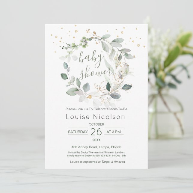 Watercolor greenery foliage Baby Shower Invitation (Standing Front)