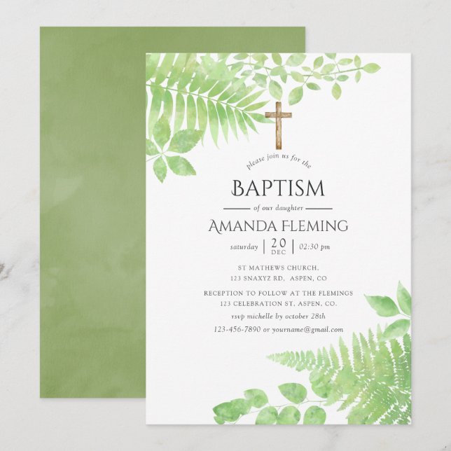 Watercolor Greenery Foliage Baptism or Christening Invitation (Front/Back)
