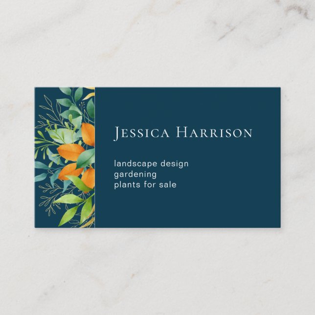 Watercolor Greenery Foliage Botanical Dark Blue Business Card (Front)