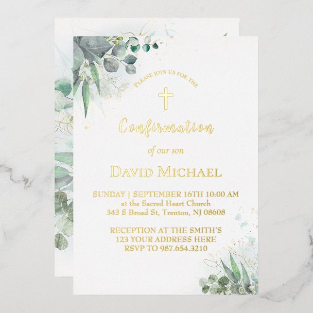 watercolor greenery foliage | Confirmation Foil Invitation (Front/Back)
