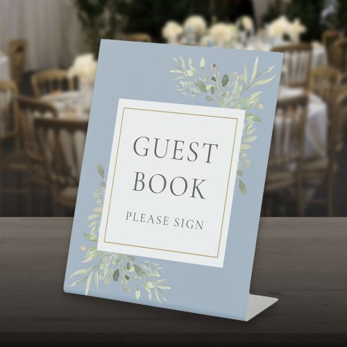 Watercolor Greenery Foliage Dusty Blue Guest Book Pedestal Sign