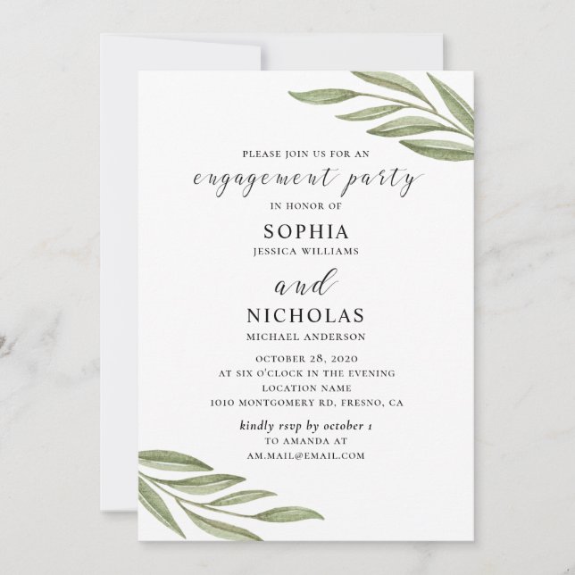 Watercolor greenery foliage engagement party invitation (Front)