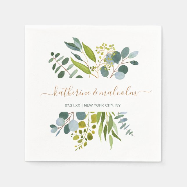 Watercolor greenery foliage, eucalyptus Wedding Napkins (Front)