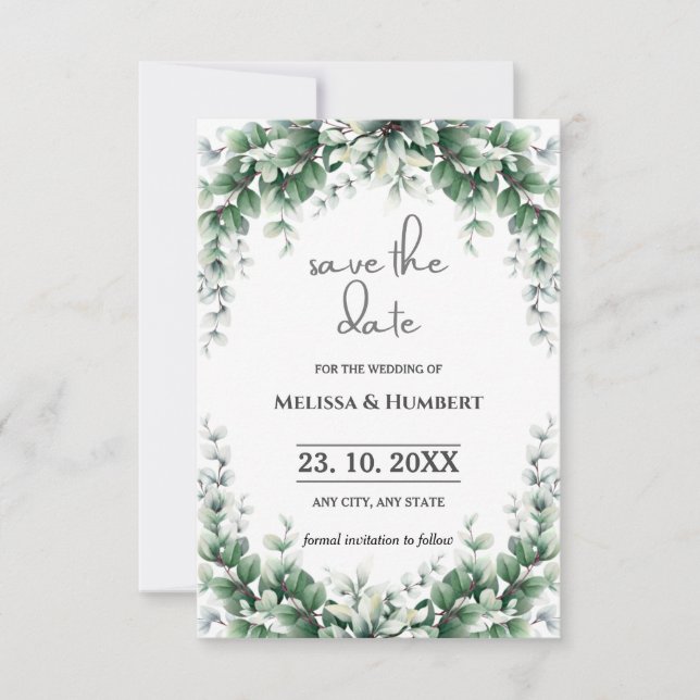 Watercolor Greenery Foliage Eucalyptus Wreath  Save The Date (Front)