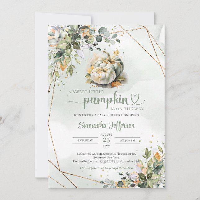 Watercolor greenery foliage fall leaves pumpkin invitation (Front)