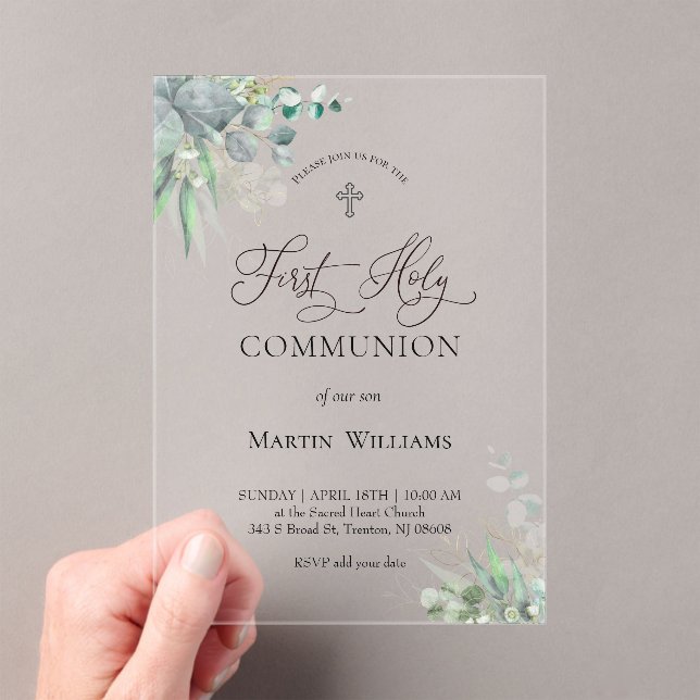 watercolor greenery foliage | First Communion  Acrylic Invitations (Insitu (Handheld))