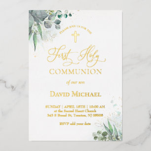watercolor greenery foliage   First Communion  Foil Invitation