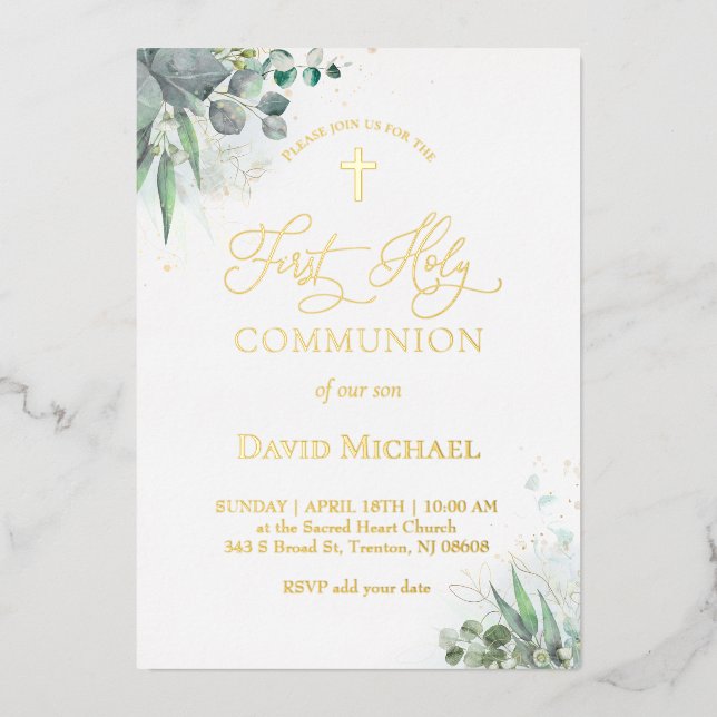 watercolor greenery foliage | First Communion  Foil Invitation (Front)