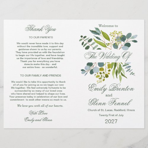Watercolor greenery foliage Folded Wedding Program