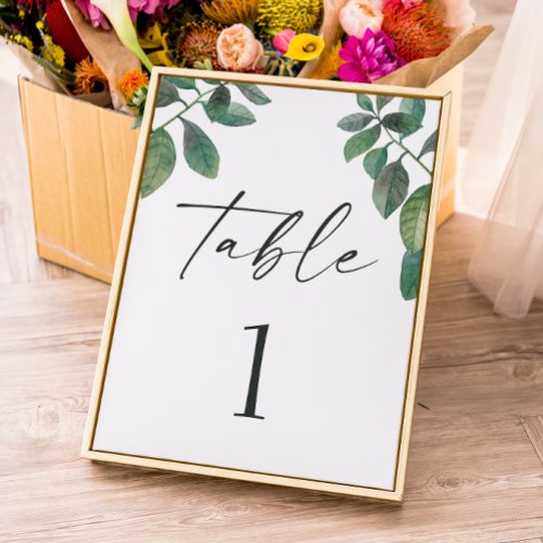 Watercolor greenery foliage Green script wedding Table Number