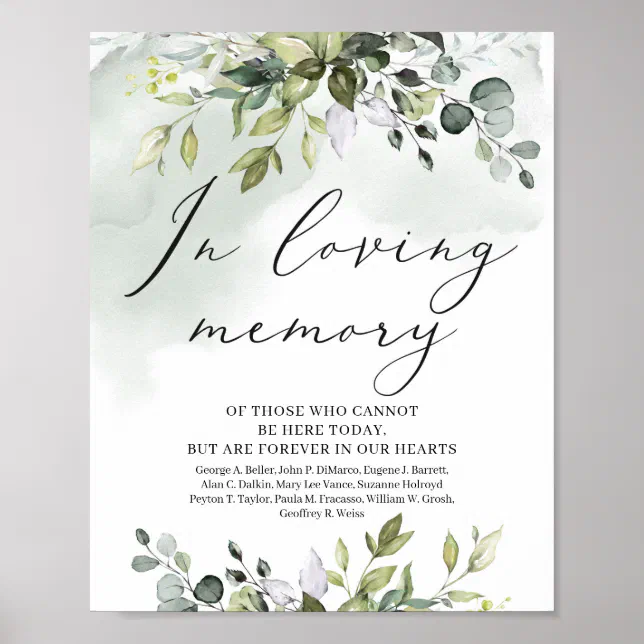 Watercolor Greenery foliage In loving memory sign | Zazzle