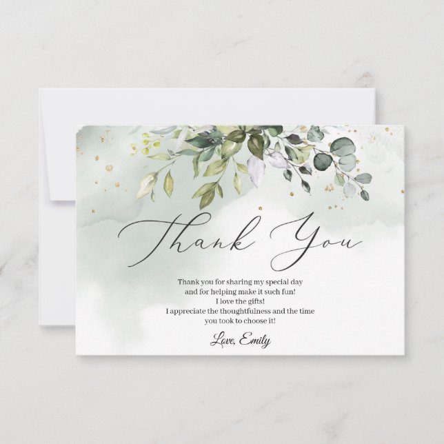 Watercolor greenery foliage leaves Bridal Shower Thank You Card (Front)