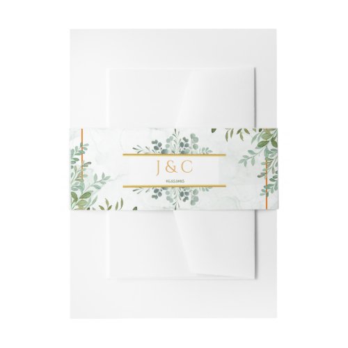 Watercolor greenery foliage leaves wedding invitation belly band