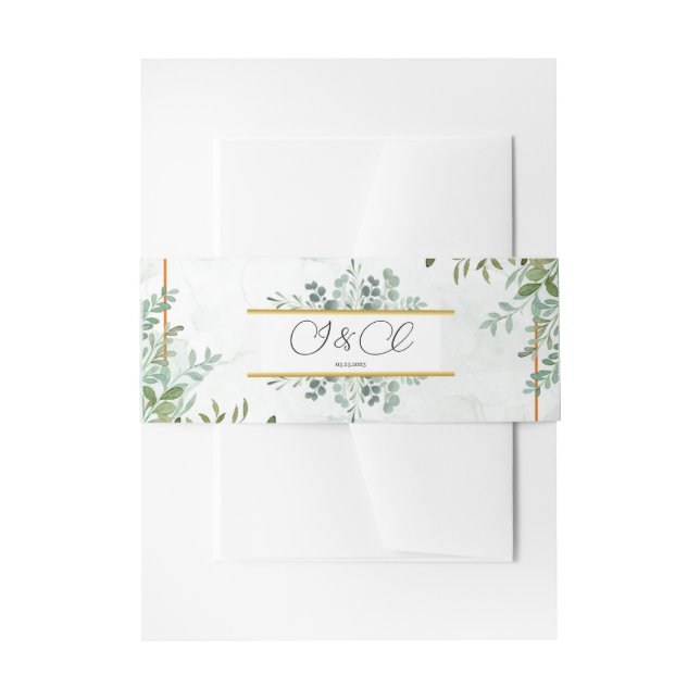 Watercolor greenery foliage leaves wedding invitation belly band (Front Example)