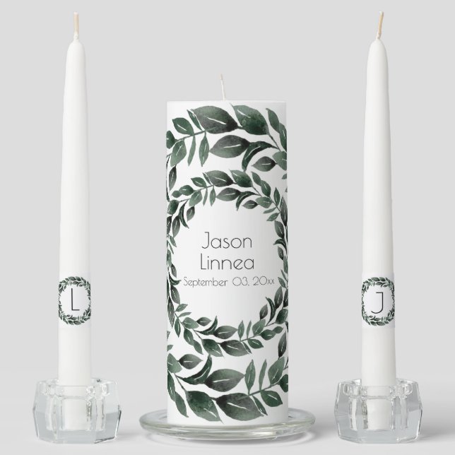 Watercolor Greenery Foliage Radiant Diaphanous   Unity Candle Set (Front)