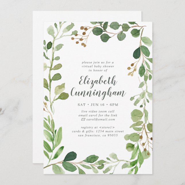 Watercolor Greenery Foliage Virtual Baby Shower Invitation (Front/Back)