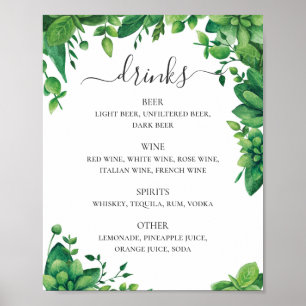 Watercolor greenery foliage wedding drinks menu poster