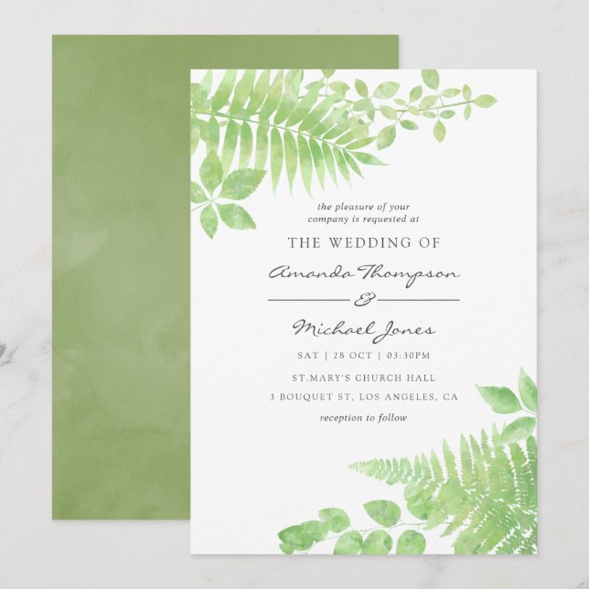 Watercolor Greenery Foliage Wedding Invitation (Front/Back)