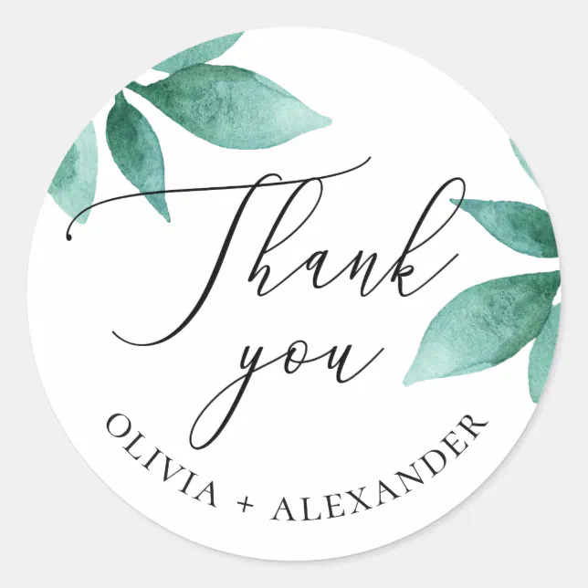 Watercolor greenery foliage wedding thank you classic round sticker ...