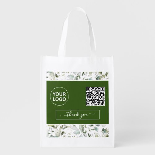 Watercolor Greenery Forest Green QR Code Logo  Grocery Bag