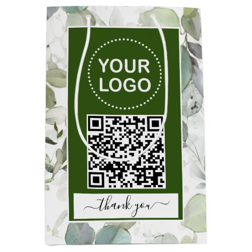 Watercolor Greenery Forest Green QR Code Logo   Medium Gift Bag