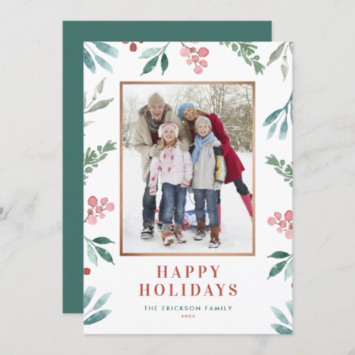 Watercolor Greenery Frame Happy Holidays Photo Holiday Card