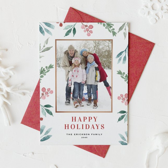 Watercolor Greenery Frame Happy Holidays Photo Holiday Card (Customizable photo holiday card featuring watercolor winter berry and greenery)