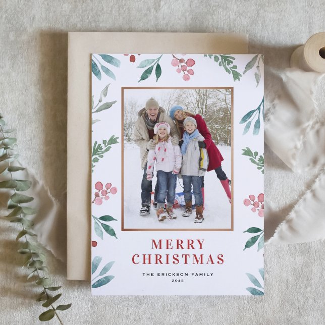 Watercolor Greenery Frame Merry Christmas Photo  Holiday Card (Creator Uploaded)