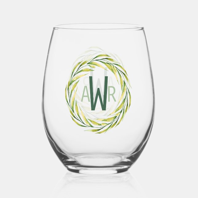 Watercolor Greenery Frame Monogram ID667 Stemless Wine Glass (Front)