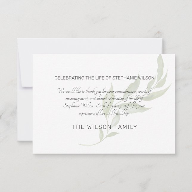 Watercolor Greenery Funeral Bereavement Thank You (Back)